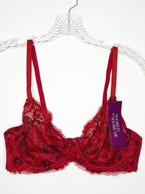 Adored by Adore Me Red Lace Underwire Bra with Floral Detail NWT